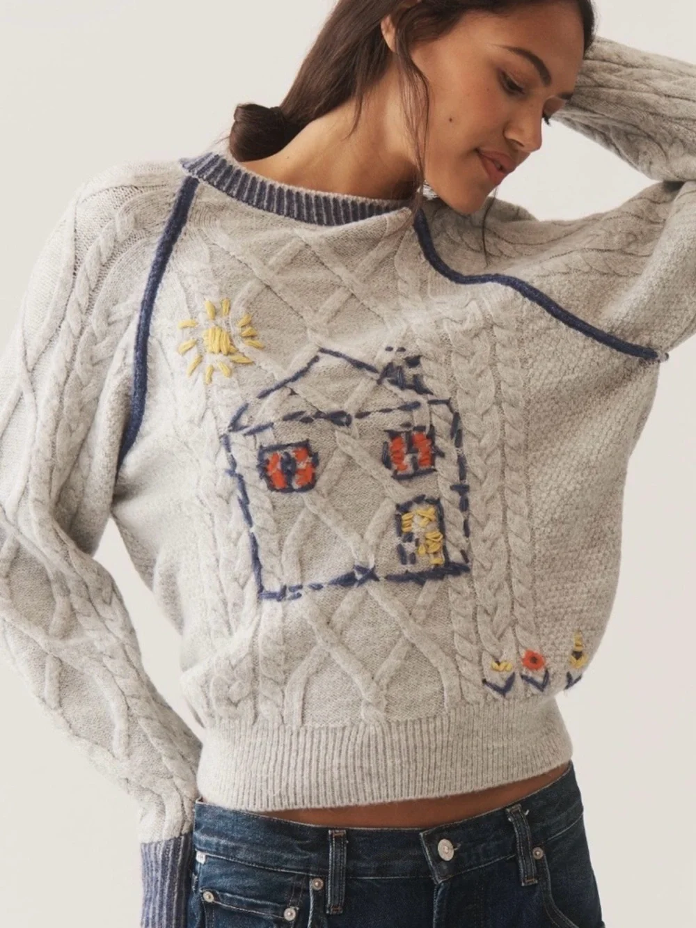 NWT Anthropologie Pilcro Cable-Knit Embroidered Cozy Home Sweater - Picture 1 of 11